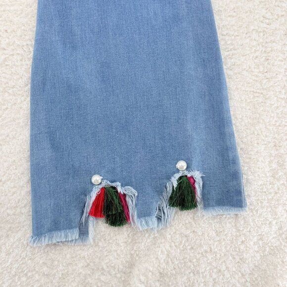 POL Flared Blue Denim Jeans With Frayed Hem & Tassels, Size S - Picture 4 of 7